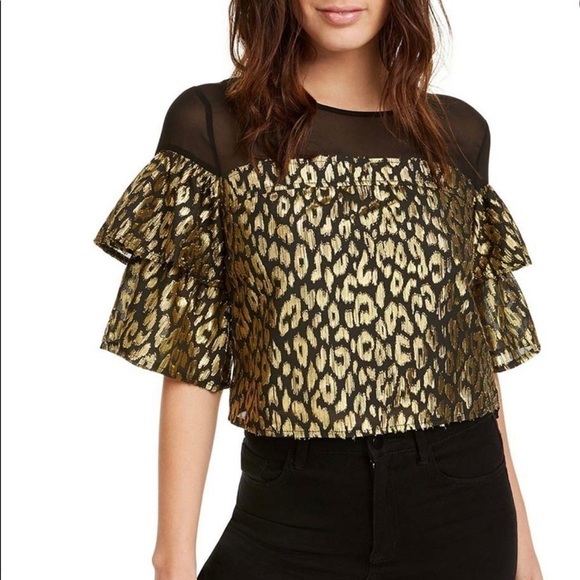 𝅺new Kendall & Kylie Black Gold Leopard Metallic Top US S - Picture 1 of 9